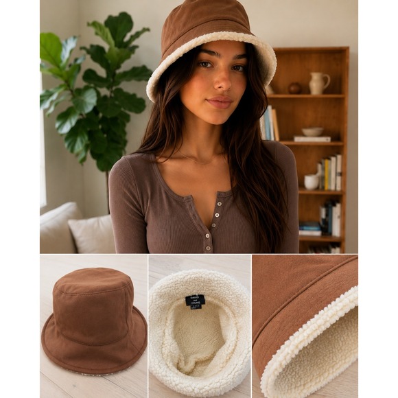 David and Young Accessories - Y2K Womens Sherpa Lined‎ Bucket Hat OS Brown Faux Suede 2000s Cozy David Young